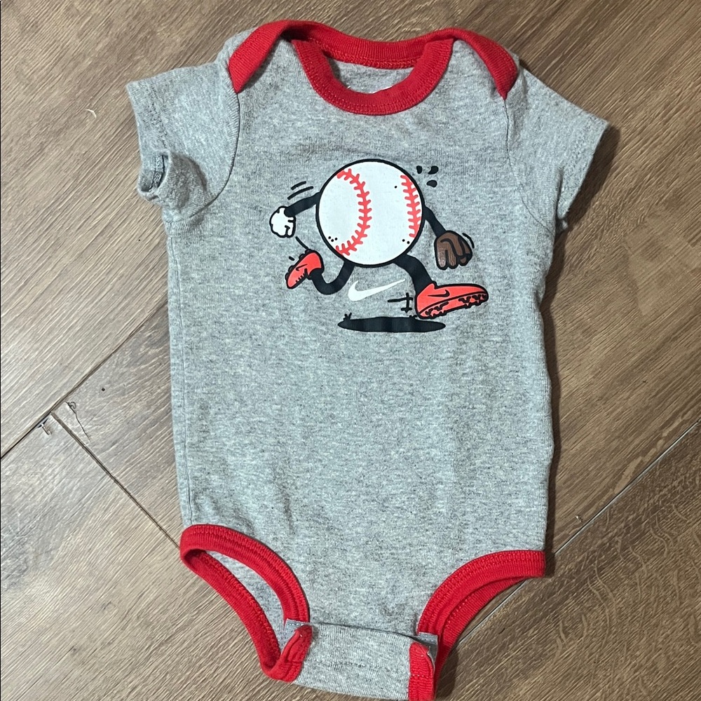 Nike Grey Baby One-Piece with Red Trim & Baseball Graphic